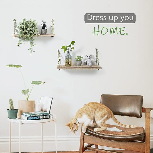 MITIME Leaf Rope Hanging Floating Shelves, Wall Swing Storage Shelf for Home Decor.17, 2-Pack (Light Color)