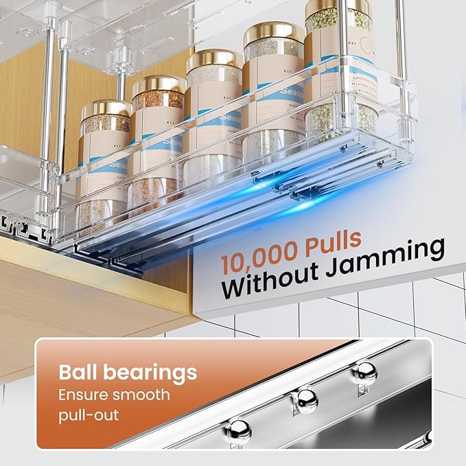 Pull Out Spice Rack Organizer for Cabinet, Slide Out Spice Racks Organizer, Easy to Install Spice Cabinet Organizers, 2.3''Wx10.66''Dx8.11''H, 3 Packs-2 Tiers(Clear)