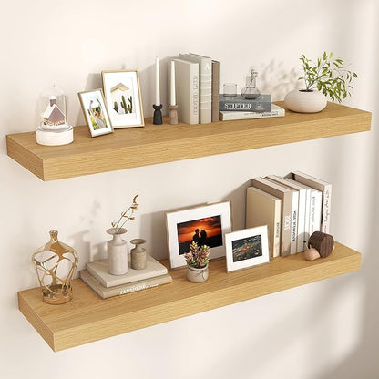 Floating Shelves for Wall, 48" W x 12" D x 2" H, 2 Pack of Long Wall Mounted Engineered Wood Shelves with Invisible Brackets for Living Room, Bedroom, Bathroom, Kitchen Decor, Oak