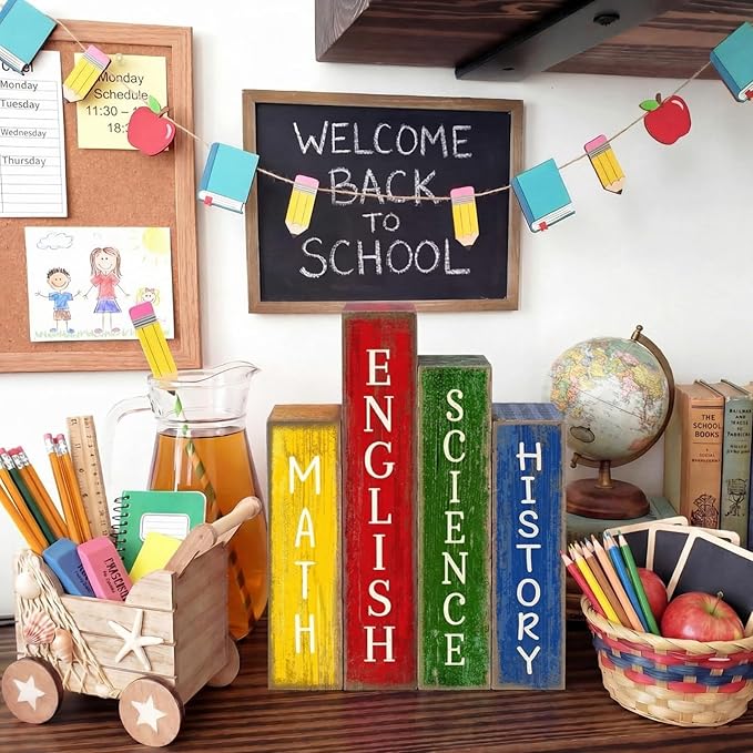 4 Pcs Back to School Table Decoration Wooden Subject Decoration Welcome Back to School Tiered Tray Decor Wood Book Sign Farmhouse for Class Party Home Shelf Coffee Table