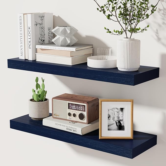 fuqing Dark Blue Floating Shelves | 24 Inch Floating Shelves for Wall Set of 2 | 24" W x 6.7" D x 1.4" H Blue Shelves for Bathroom Living Room Bedroom Kitchen