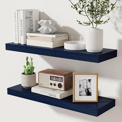 fuqing Dark Blue Floating Shelves | 24 Inch Floating Shelves for Wall Set of 2 | 24" W x 6.7" D x 1.4" H Blue Shelves for Bathroom Living Room Bedroom Kitchen