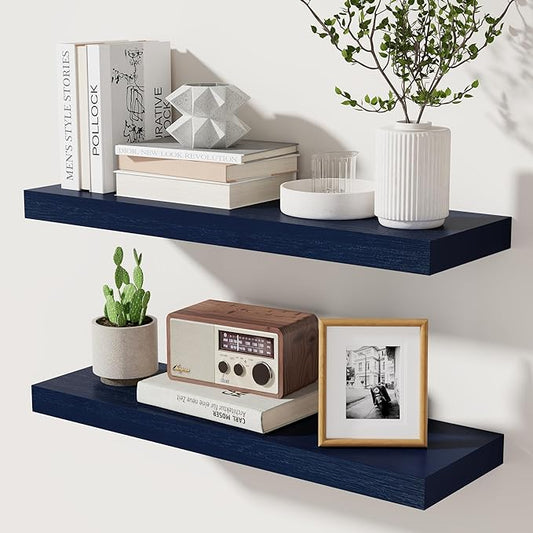 fuqing Dark Blue Floating Shelves | 24 Inch Floating Shelves for Wall Set of 2 | 24" W x 6.7" D x 1.4" H Blue Shelves for Bathroom Living Room Bedroom Kitchen
