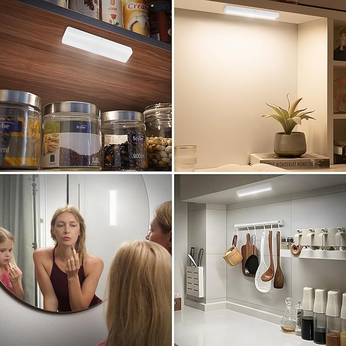 BIGMONAT Under Cabinet Lighting Wireless, Battery Operated Lights with Remote, 3000K Warm White Dimmable Push Light,80 Lumen Stick-On LED Lighting Bar for Shelf, Kitchen, Hallway, Pantry 4Pack