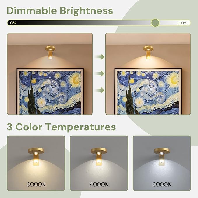 L LOHAS LED Gold Wireless Picture Lights for Wall, 3 Pack Magnetic Rechargeable 1200mAh Battery Operated Picture Light with Remote & Timer, Dimmable 3CCT Art Light for Paintings, Frames, Gallery