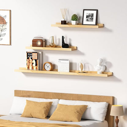 Picture Ledge Shelf, 16 inch Solid Pine Wood Floating Shelves, Floating Book Shelves for Living Room Bedroom Kitchen Decor, Natural Unfinished, No Stain, DIY, Set of 4 (Maple Wood, 4Pack 16inch)