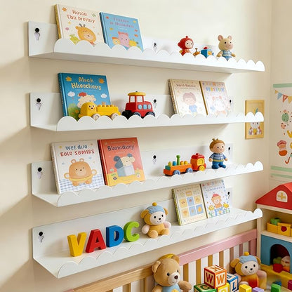 24 Inch Nursery Book Shelves Set of 4, White Metal Floating Shelves for Wall, Scalloped Cloud Book Shelf for Kids Room, Bathroom, Bedroom, Playroom Wall Decor & Storage