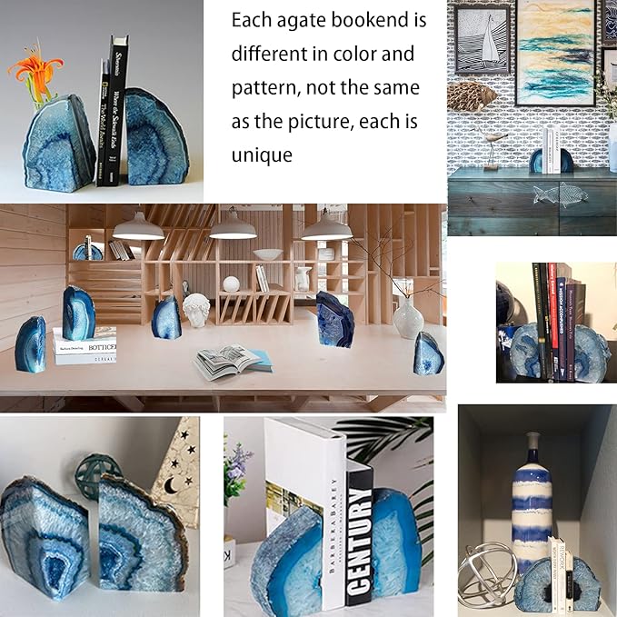 JIC Gem Agate Decorative Book Ends Blue Gemstone Geode Bookends Cool Crystal Bookends for Shelves Book Ends for Heavy Duty Books with Rubber Bumpers for Office and Home Décor (1 Pair,4-6 LBS)