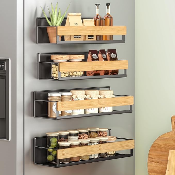SONGMICS Magnetic Spice Rack for Refrigerator, 4 Pack, 2 Large and 2 Small Kitchen Magnetic Shelves for Washing Machine, Spice Organizers, No Drilling Needed, Ink Black and Light Bamboo UKCS062BH01