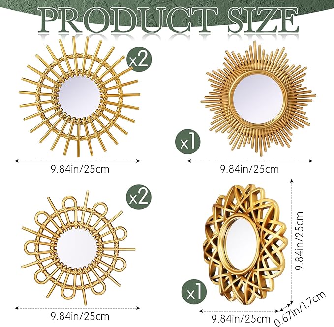 Namalu 6 Pcs Sunburst Mirror for Wall Decor, Small Circle Sun Espejos Decorative Mirror Hanging for Art Entryway Home Decor Bathroom Bedroom Living Room(Elegant,Gold)