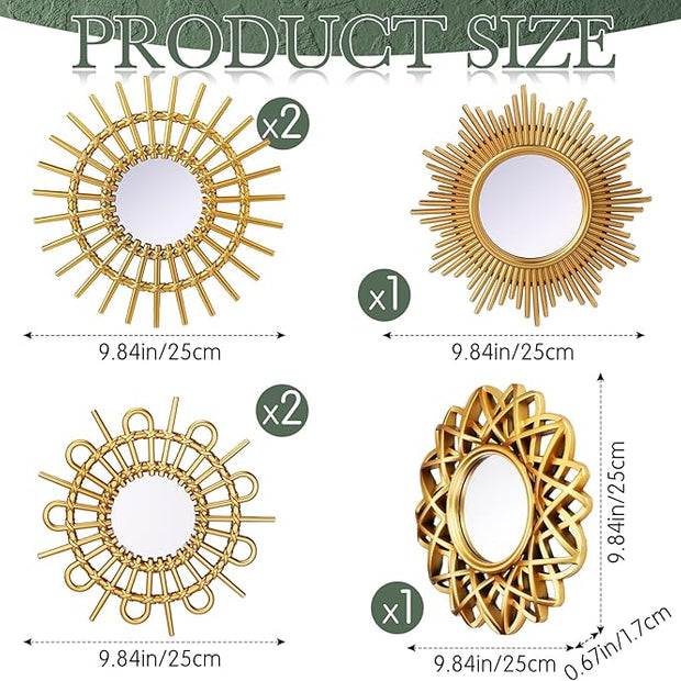 Namalu 6 Pcs Sunburst Mirror for Wall Decor, Small Circle Sun Espejos Decorative Mirror Hanging for Art Entryway Home Decor Bathroom Bedroom Living Room(Elegant,Gold)