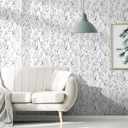 WENMER Gray Leaf Wallpaper Floral Peel and Stick Wallpaper 17.7" x 590" Self Adhesive Watercolor Leaves Wall Paper Removable Floral Contact Paper for Cabinets Wall Decor