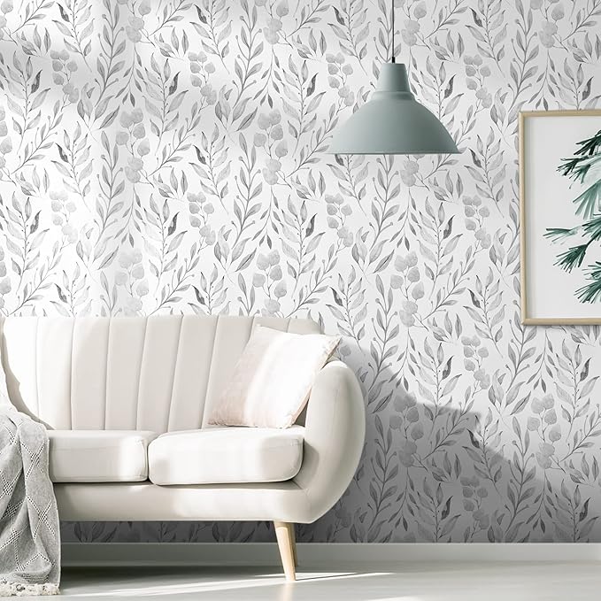 WENMER Gray Leaf Wallpaper Floral Peel and Stick Wallpaper 17.7