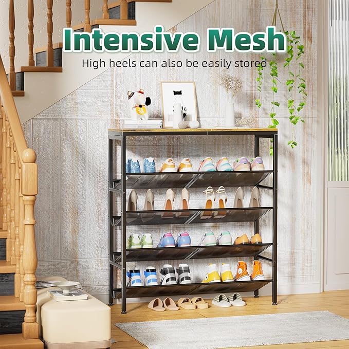 Shoe Rack for Entryway, 5 Tier Shoe Rack Organizer with Storage Shelves and Spacious Top, Rustic Brown
