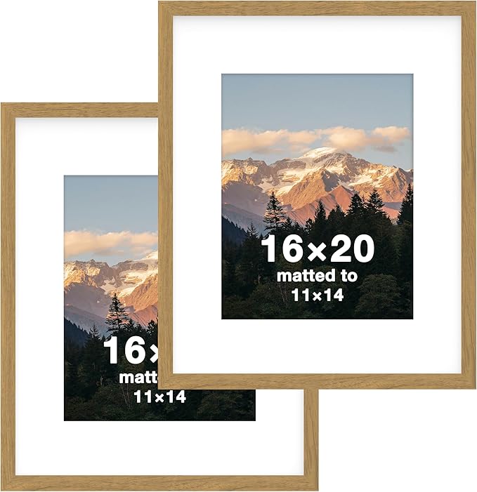FrameWorks 2-Pack, 16x20 Matted to 11x14 Picture Frame, Golden Oak – Classic Wooden Photo Frame with Tempered Glass, Modern Matte Finish for Prints, Posters, Certificates & Wall Decor – Gallery-Ready