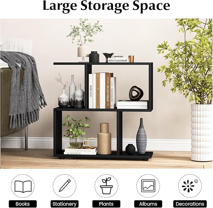 Giantex 3-Tier Geometric Bookshelf Set of 2, 24" Tall Wood S-Shaped Display Shelves with Thick Foot Pads, Freestanding Open Shelves Nightstand, Floor Standing Display Shelf Bookcase, Black