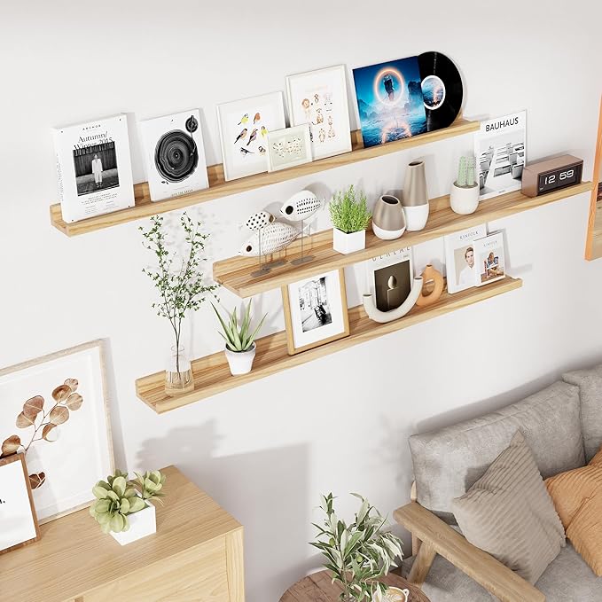 RICHFOCUS Floating Shelves for Wall, 55 inch Solid Wood Picture Ledge Shelf for Wall Storage, Nursery Book Shelves with Lip for Living Room Bathroom Bedroom Kitchen, Set of 3, Natural