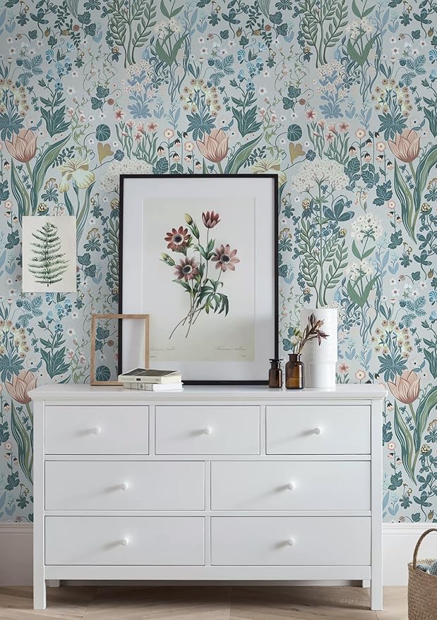 Peel and Stick Wallpaper Vintage Wall Paper Gray Blue Floral Contact Paper Removable Wallpaper 17.3