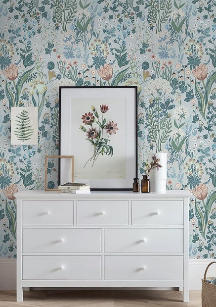 Peel and Stick Wallpaper Vintage Wall Paper Gray Blue Floral Contact Paper Removable Wallpaper 17.3"x78.7" Leaf Flower Self Adhesive for Bedroom Drawer Decor Vinyl Rolls