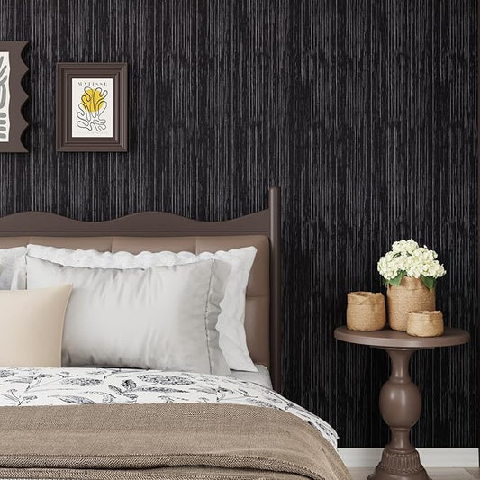 CRE8TIVE Black Grasscloth Wallpaper Peel and Stick Textured Black Wallpaper Grasscloth Contact Paper for Cabinets and Drawers 12"x354" Fabric Prepasted Renter Friendly Wallpaper for Bathroom Kitchen