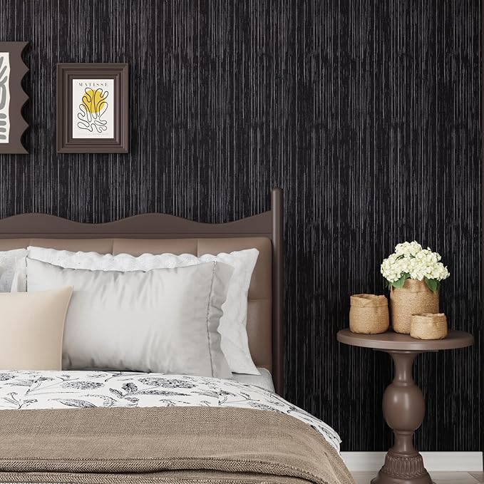 CRE8TIVE Black Grasscloth Peel and Stick Wallpaper Textured Woven Linen Fabric Black Contact Paper for Walls Self Adhesive Removable Faux Grass Cloth Wallpaper for Bedroom Countertops Cabinets 12