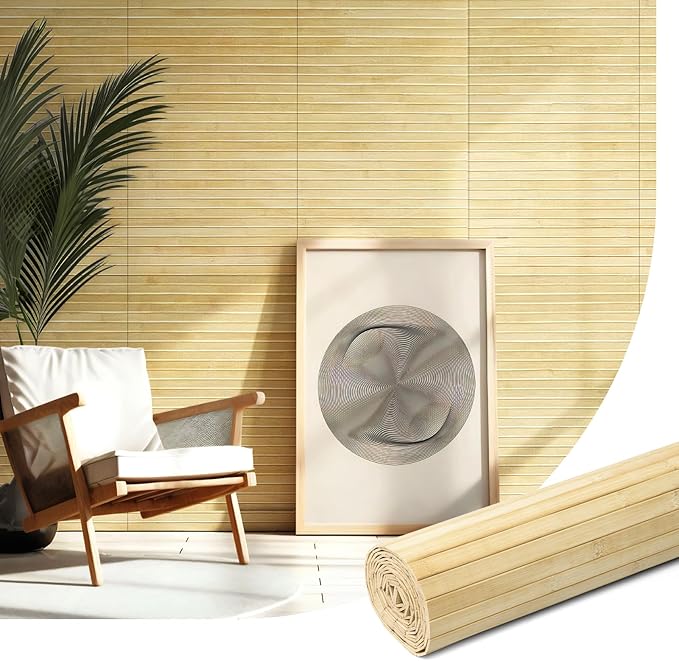 Natural Bamboo Wall Panel for Interior Wall Decor, Renewable Pole Wrap Wainscoting Paneling for Wall Ceiling Furniture Cabinet Office, 12 x 96 Inch, Raw