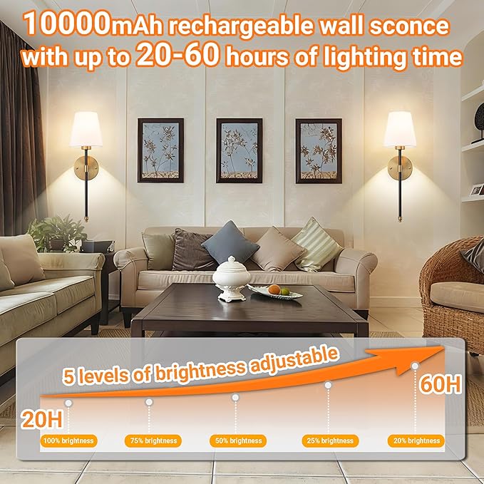 Battery Operated Wall Sconces Set of 2, Wireless Wall Light with 10000mAh RGB Dimmable Magnetic Bulb, Rechargeable Wall Sconce with Remote Control for Bedroom Living Room