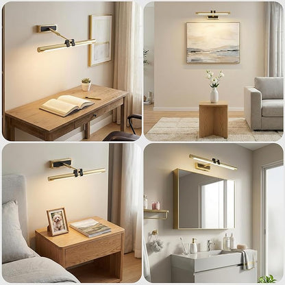 Brass Picture Light for Wall - 16inch Dimmable & Rechargeable Art Light with Extendable Arm, 25H Light Time, Angle Adjustable, 3 Color Temperatures Timer - Perfect for Paintings and Home Decor