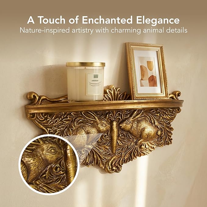 American Art Decor Vintage Ornate Resin Rabbits & Carrot Manor Floating Wall Mounted Shelf in Antique Gold - Rococo Baroque Shabby Chic Ledge for Small Displays