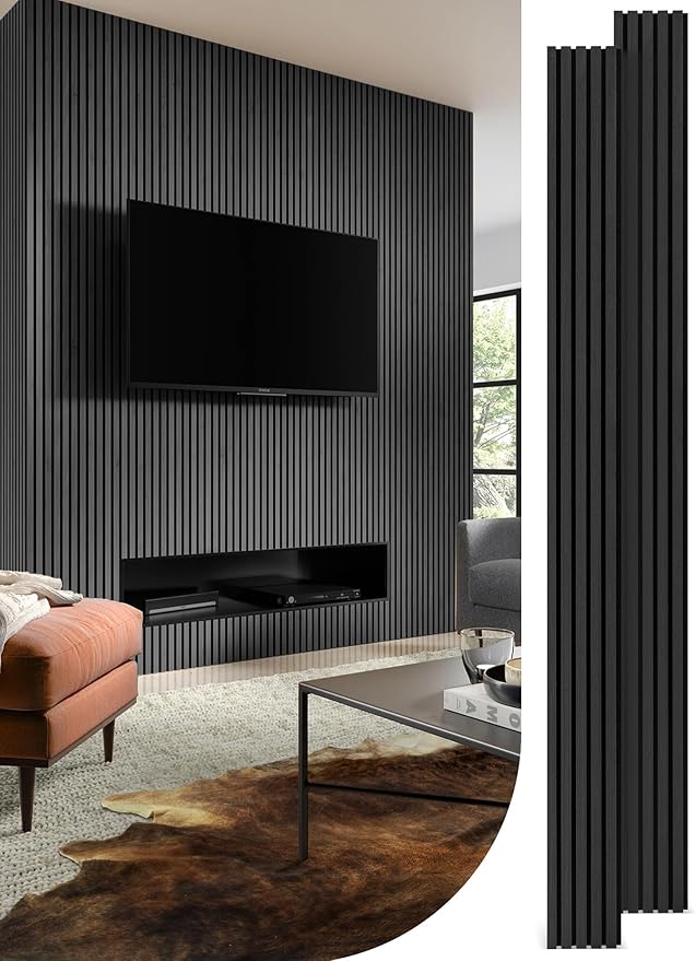 Mollywell Wood Slat Wall Panels - Time-Saving Installation Soundproof Slat Panels on Any Wall Surface, 0.95 NRC Dual-Layer Acoustic Design, Commercial-Grade MDF Core (2 Pack, 108x8in, Black Oak)