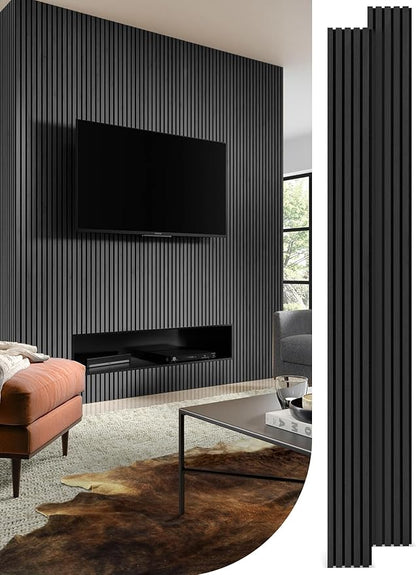 Mollywell Wood Slat Wall Panels - Time-Saving Installation Soundproof Slat Panels on Any Wall Surface, 0.95 NRC Dual-Layer Acoustic Design, Commercial-Grade MDF Core (2 Pack, 108x8in, Black Oak)