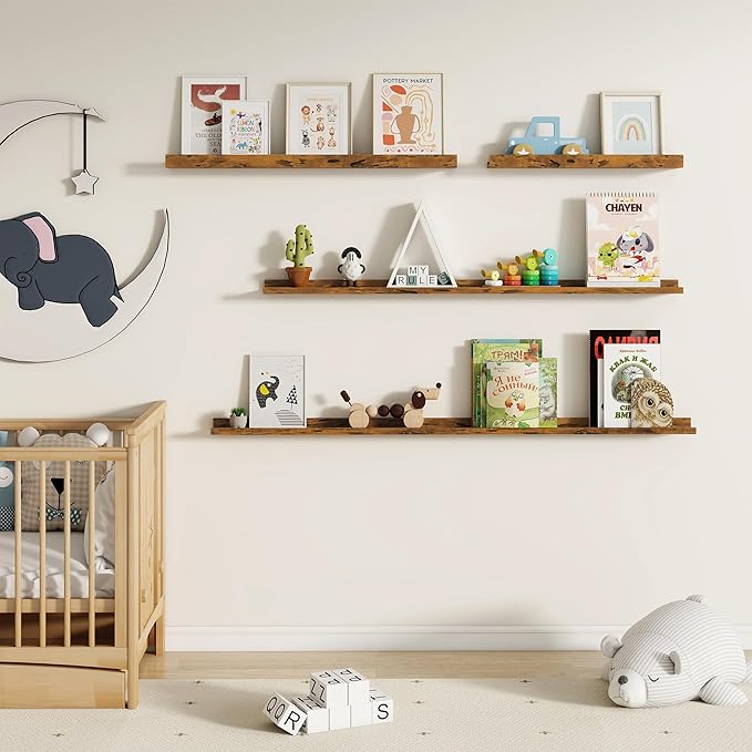 Fun Memories Picture Ledge Shelf, 32 Inch Floating Shelves Set of 2, Large Nursery Book Shelves for Toys Storage, Kids Bookshelf Wall Mounted for Wall Decor Books Photo Frames, Rustic Brown