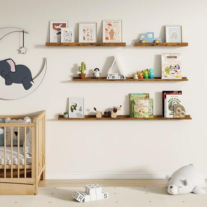 Fun Memories Picture Ledge Shelf, 40 Inch Floating Shelves Set of 2, Large Nursery Book Shelves for Toys Storage, Kids Bookshelf Wall Mounted for Wall Decor Books Photo Frames, Rustic Brown