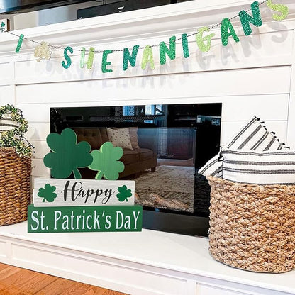 Happy St. Patrick's Day Table Decor Shamrock Home Office Wooden Table Top Decor Centerpiece Decorations for Tiered Trays Shelf Coffee Bar Mantle Windowsill