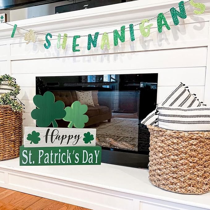 Happy St. Patrick's Day Table Decor Shamrock Home Office Wooden Table Top Decor Centerpiece Decorations for Tiered Trays Shelf Coffee Bar Mantle Windowsill