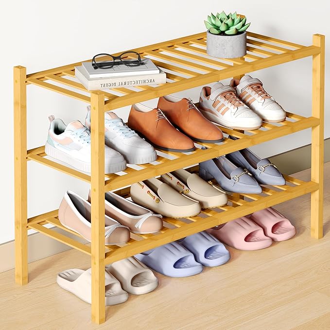 Smiry Bamboo Shoe Rack for Closet, 3 Tier Wooden Stackable Shoe Organizer, Free Standing Shoes Storage Shelf for Entryway, Front Door Entrance, Natural