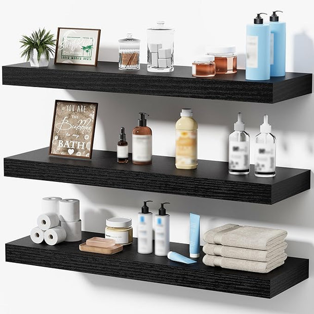 Floating Shelves for Wall, Bathroom Shelves Over Toilet, Wall Shelves & Book Shelf for Room, Hanging Shelf, Modern Wooden Mounted Floating Shelves, 24x7x1.5 in (Black, Set of 3)