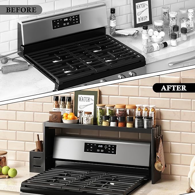 Bamboo Stove Shelf, Spice Shelf for Kitchen Stove, 31in Over the Stove Shelf, Stove Top Shelf for Back of Stove with EVA Kitchen Liner, Utensil Holder & 6 Hooks, for Over Stove(Black)