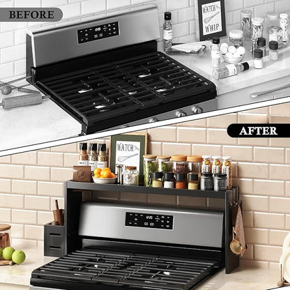 Bamboo Stove Shelf, Spice Shelf for Kitchen Stove, 31in Over the Stove Shelf, Stove Top Shelf for Back of Stove with EVA Kitchen Liner, Utensil Holder & 6 Hooks, for Over Stove(Black)