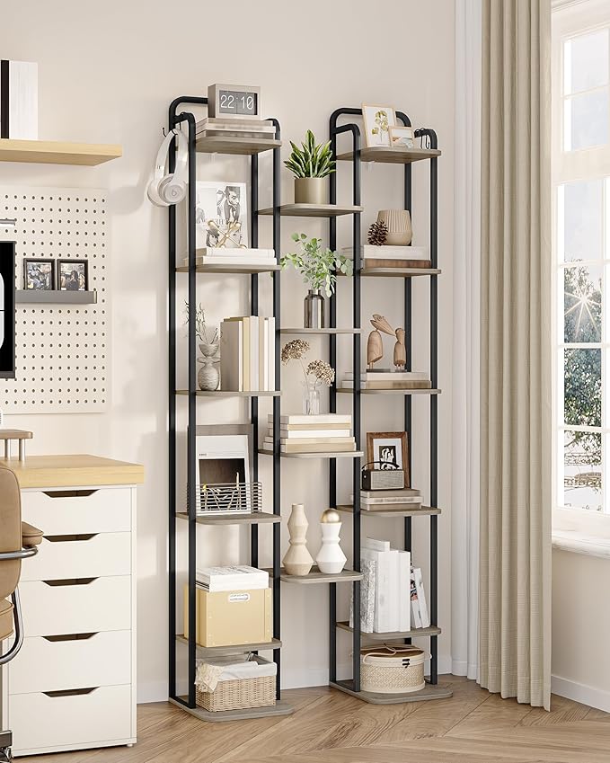10 Tiers Vertical Shoe Rack, Narrow Shoe Tower, Tall Shoes Shelf with 2 Hooks, Adjustable Shelves, Corner Shoes Shelves for Small Spaces, Entryway, Living Room, Greige SR11205B