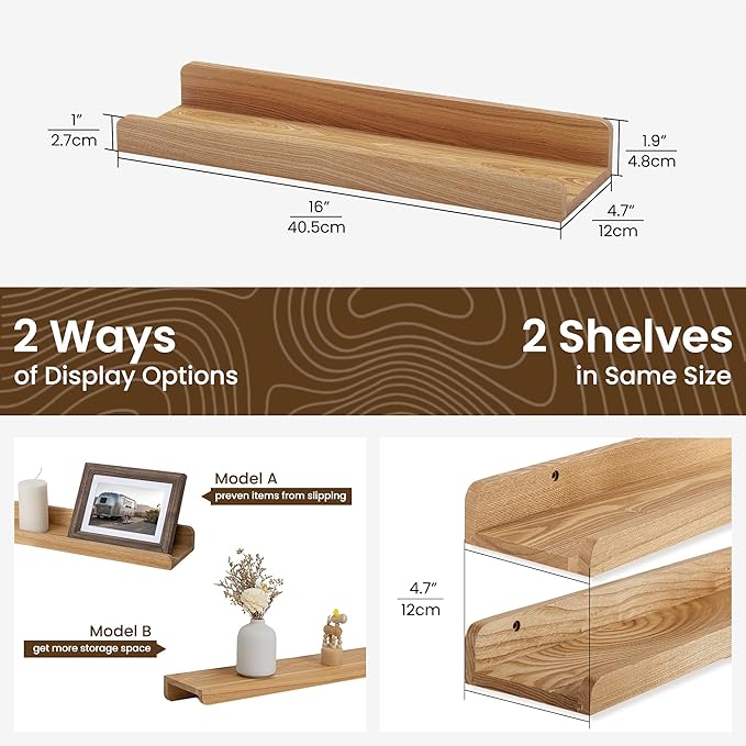 Floating Shelves for Wall - Natural Wood Picture Ledge Shelf Set of 2 - Solid Ash Wood Wall Shelves with Lip - Picture Frame Shelf Nursery Bookshelf