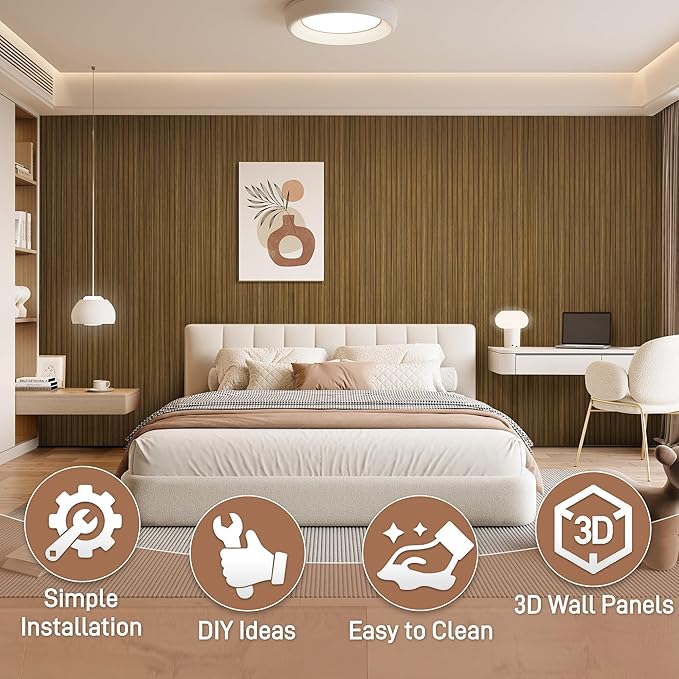 WPC Wainscoting Panels, 16 Packs 54 x 6 Inch 3D Wall Panels for Interior Wall Decor, Living Room, Bedroom, TV Background, Accent Slat Wall Paneling, Light Walnut