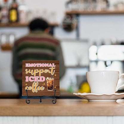 Coffee Bar Decor, Farmhouse Kitchen Table Decor, Coffee Station Accessories, Wooden Decorative Sign with Iron Stand for Table Desk Shelf Display-E30