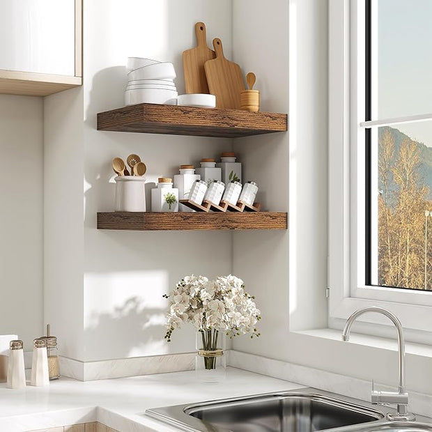 Fun Memories Floating Shelves for Wall - 10 x 16 Floating Shelf - Rustic Wood Storage Shelf - Wall Shelves with Invisible Bracket - 16" Bookshelves for Living Room & Bedroom - Rustic Brown - Set of 2