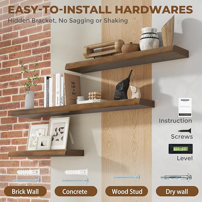 RICHFOCUS Floating Shelves for Wall 48 Inch Solid USA-Sourced Oak Wooden Shelves for Bathroom Kitchen 9" Deep Modern Wood Shelf with Heavy-Duty Bracket for Wall Mounted, Walnut Finish