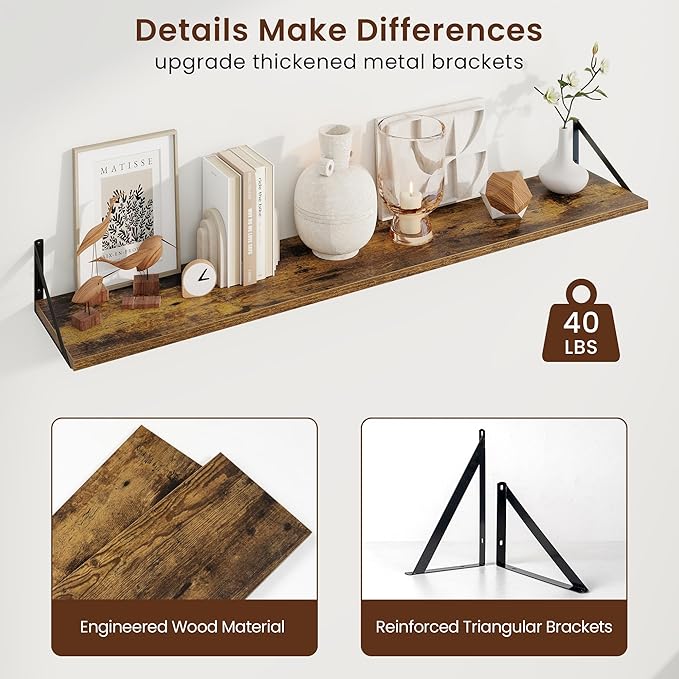 Axeman Deep Floating Shelves | 55 Inch Brown Wall Shelves Set of 2 | 10 Inch Deep Wood Floating Shelves for Wall | 55