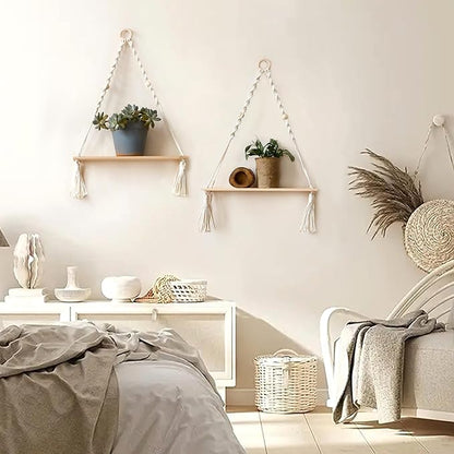 Artilady 2 Pack Wooden Wall Hanging Shelves - Boho Floating Shelves White Macrame Plant Shelf Adjustable Storage Rack Rustic Wall Decor for Bedroom Living Room Nursery