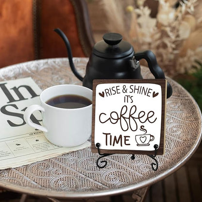 Coffee Desk Decor Sign, Coffee Time Sign With Stand For Farmhouse Home Kitchen Table, Wine Sign For Farmhouse Home Kitchen Bar Shelf Table, Gifts For Family Friend Coworker-11