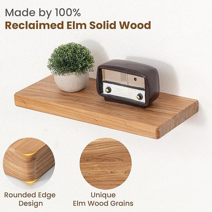 Floating Shelves for Wall, 18"Wx8"D Rustic Solid Elm Wood Floating Shelves Wall Mounted, Round Edge Wall Shelves with Invisible Bracket for Living Room Bathroom Bedroom Kitchen, Set of 2, Natural