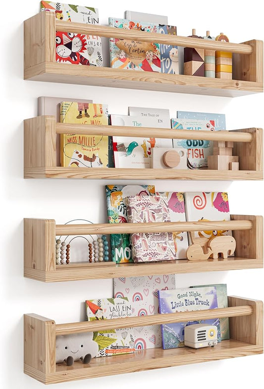 Nursery Book Shelves, 4 Pack, Wall Book Shelves for Kids Room, Baby, Toddler, Nursery Decor (Wood, 16.5 Inches)